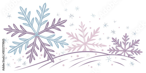 Illustrated snowflakes on a winter landscape