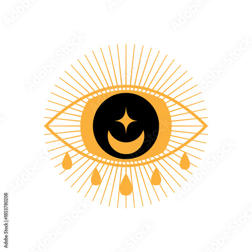 Esoteric all seeing eye with shining star and crescent moon, surrounded by radiant sun rays and symbolic motifs conveying mystical wisdom, protection, and spiritual insight