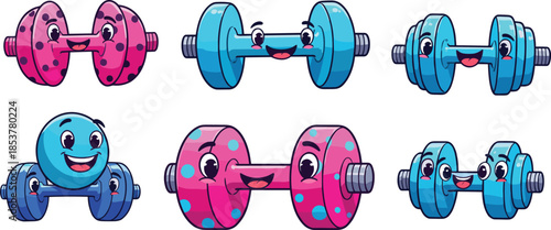 Cartoon dumbbells vector illustration, smiling fitness equipment, playful gym icons, cute workout gear, kids-friendly design, colorful styles, front and back views