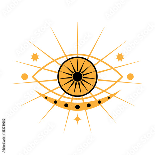 Mystical golden eye icon with sun rays, crescent moon, and stars representing occult spirituality, intuition, cosmic protection, and divination against a white background