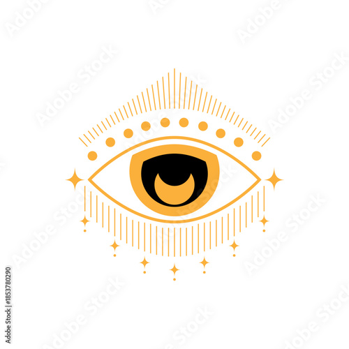 Gold and black eye icon featuring a crescent moon within the pupil, radiating lines, and stars, representing spiritual vision, magic, and clairvoyance concepts