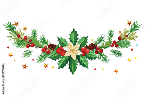 Vibrant Christmas wreath with holly, berries, and stars on black background