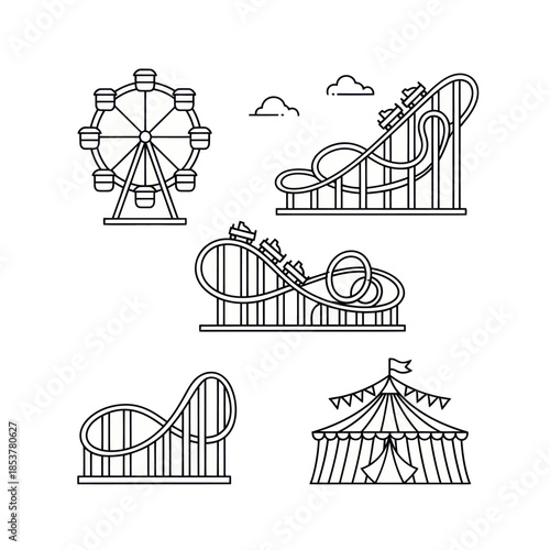 Amusement Park Rides Ferris Wheel Roller Coasters and Circus Tent.