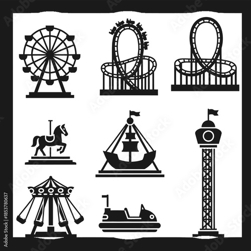 Amusement Park Rides Silhouette Collection Ferris Wheel Roller Coaster and More.