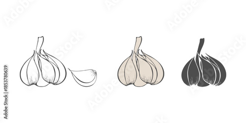 Icon set Garlic cloves hand drawn doodle, isolated on white background.