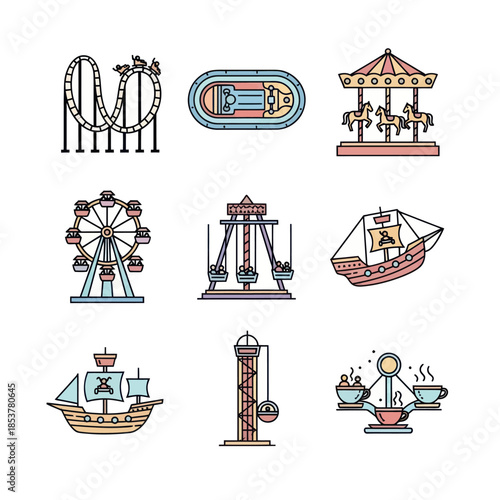 Amusement Park Rides Icons Set Roller Coaster Ferris Wheel and More.