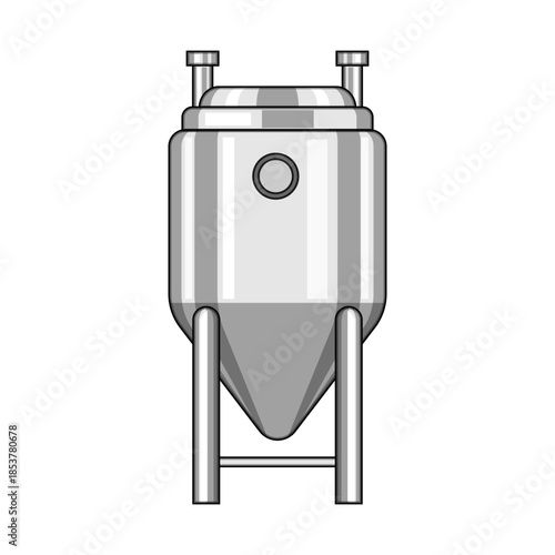 Conical stainless steel fermentation tank acting as a vessel for industrial beverage production and brewing processes, an essential piece of equipment in a brewery or winery