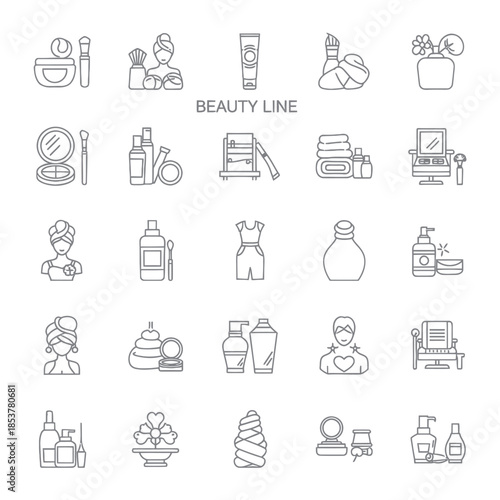 Beauty Line Collection of Cosmetic and Skincare Product Icons.