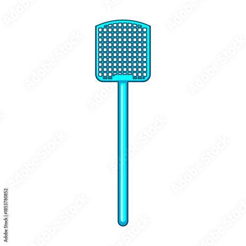Blue plastic fly swatter with perforated rectangular head and long handle, studio shot on white background representing household pest control, hygiene, and summer upkeep