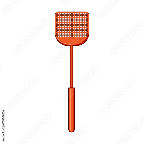 Orange plastic fly swatter with long handle and square grid head, isolated on white background for household insect control, hygiene, and summer pest prevention