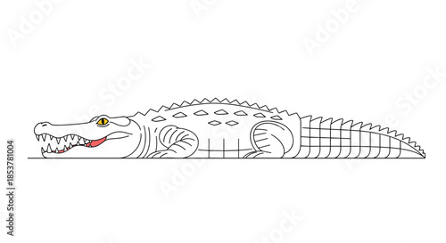 Detailed black and white line drawing of a large crocodile resting with its mouth slightly open on a white background.