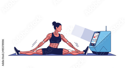 Athletic woman performing leg splits while using a futuristic blue screen console for monitoring her workout data.