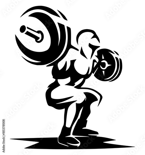 High-contrast black silhouette of a muscular figure in a Spartan-style helmet performing a heavy barbell squat. Dynamic symbol for gym and strength.