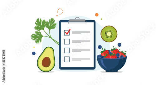 Healthy lifestyle clipboard with a checklist next to an avocado, fresh herbs, a bowl of berries, and a kiwi slice.