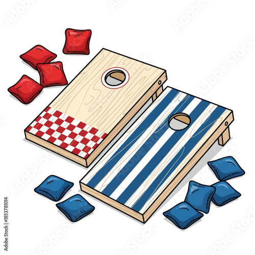 Cornhole Game Illustration with Boards and Bean Bags.