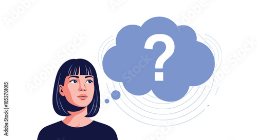Young woman with dark hair looking thoughtful next to a blue thought bubble with a white question mark inside.