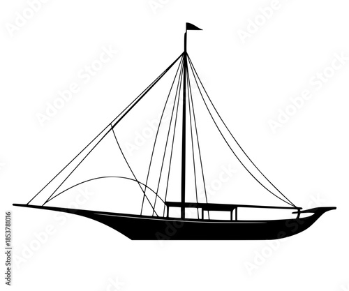 Clean black silhouette illustration of a traditional sailing boat or dhow with rigging and a mast. A minimalist nautical and maritime symbol.