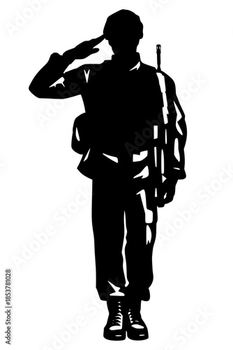 High-contrast black silhouette of a soldier in uniform performing a hand salute. A solemn symbol of military service, patriotism, and national honor.