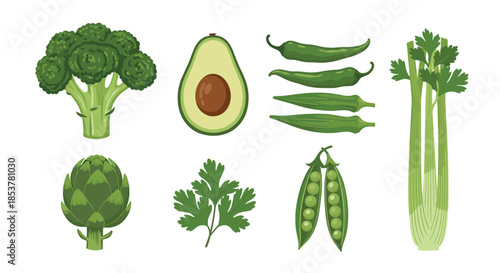 Assortment of fresh green vegetables including broccoli, avocado, peppers, okra, celery, artichoke, parsley, and peas.