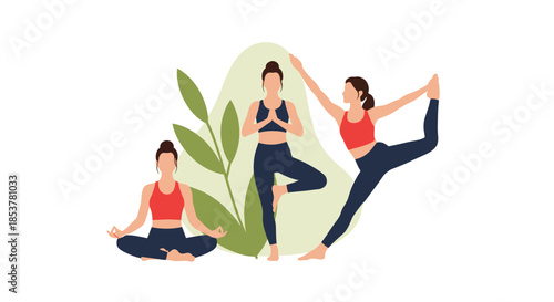 Three women in various yoga poses including tree pose and dancers pose with green leaves on a light background.