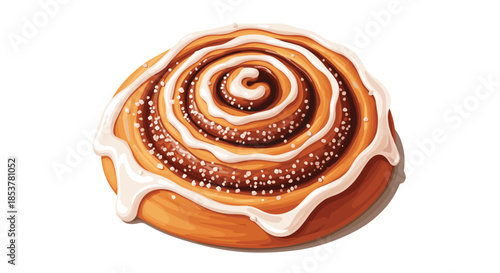 Large sweet cinnamon roll with a spiral shape and thick white icing swirls isolated for food and bakery themes.