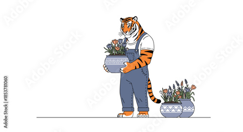 Humanoid tiger wearing denim overalls carrying a pot of flowers next to more potted plants on a white background.