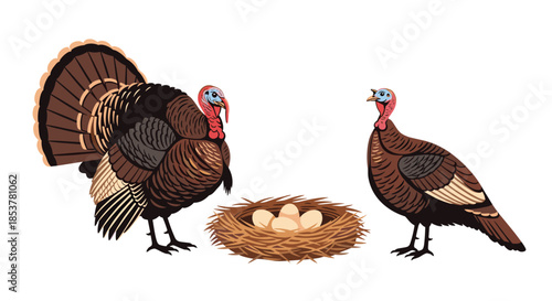 Pair of brown domestic turkeys standing next to a straw nest filled with eggs isolated on a plain white background.