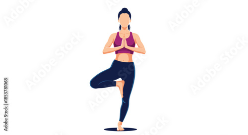Young woman in athletic wear practicing a yoga tree pose to improve balance and focus, set against a clean white background for wellness and fitness.