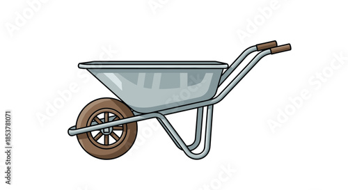 Sturdy metal wheelbarrow with a brown pneumatic tire and ergonomic handles, ideal for heavy-duty gardening or construction work on a white background.