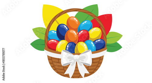 Beautiful woven Easter basket filled with many brightly colored eggs and decorated with a large white bow and vibrant autumn leaves for celebration.