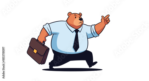 Whimsical illustration of a professional bear character in a business shirt and tie running with a briefcase and pointing toward a future goal.