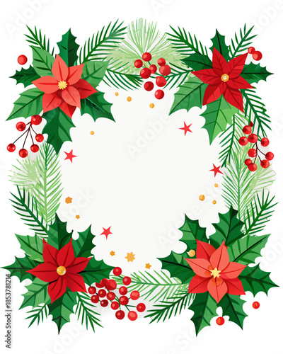 Vibrant Christmas wreath with red poinsettias and holly on black background