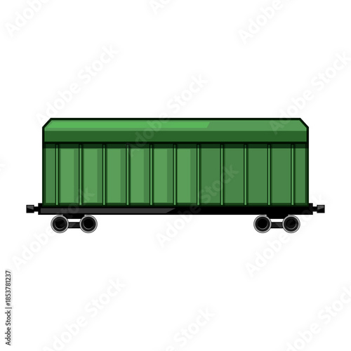 Green closed freight wagon moving goods and products by railway, representing global logistics, shipping, and industrial transport of merchandise and raw materials