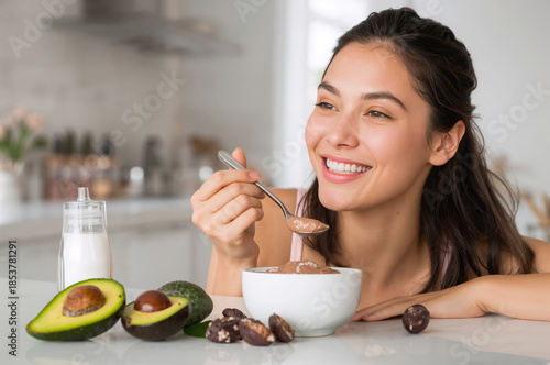 Happy woman is enjoying a spoonful of creamy vegan avocado chocolate mousse 