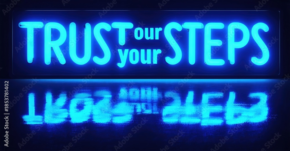 Fototapeta premium Bright neon sign displays motivational phrase. Reflection below creates distorted mirrored text effect. Dark background enhances glow.