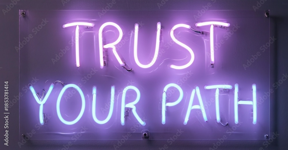 Fototapeta premium Bright purple neon sign displays positive message. Wall background provides contrast. Simple, modern aesthetic. Inspiring words illuminate space.