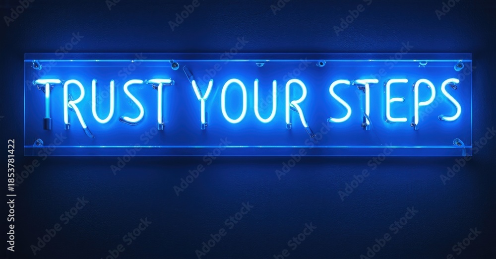 Fototapeta premium Bright neon sign displays motivational phrase. Blue light glows against dark wall. Simple, inspiring message visible.