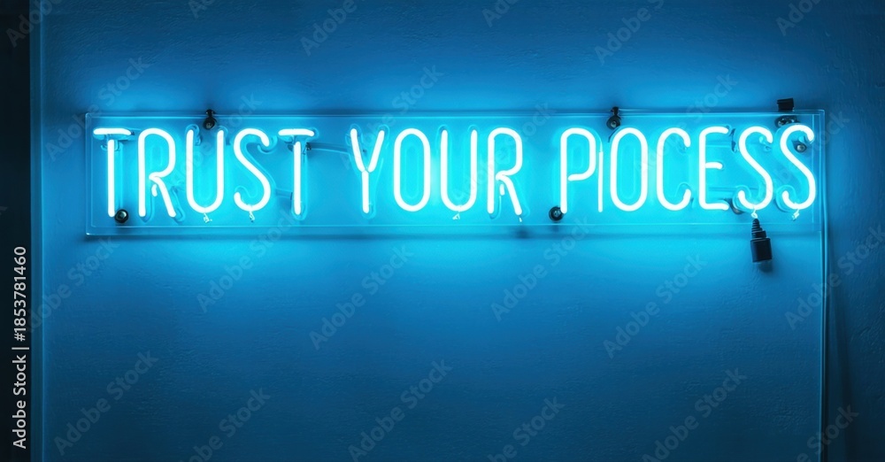 Fototapeta premium Bright blue neon sign displays positive message. Wall background provides contrast. Simple, motivational interior design element.