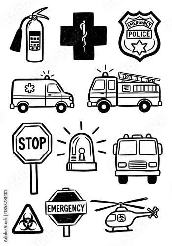 Hand Drawn Emergency Service Icons Set - Doodle Sketch of First Responder Vehicles and Safety Signs