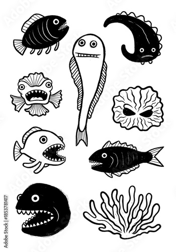 Black and white distressed cartoon creatures, set of scary deep-sea fishes and bizarre underwater monsters, monochrome sketchy drawing style