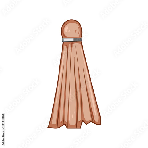 Light brown shuttlecock base with a plastic white head and silver ring, minimalist vector illustration on white background representing badminton equipment and sport accessory
