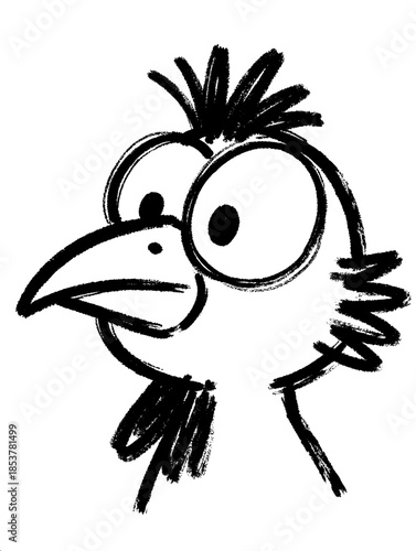 Goofy bird head doodle, rough black brush lines, comic style animal mascot illustration with spiky hair and startled eyes