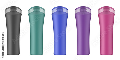 Set of black, teal, blue, purple, and burgundy red cosmetic bottles. Realistic mockup. Korean packaging. Lotion or shower gel. Conditioner or hair mask
