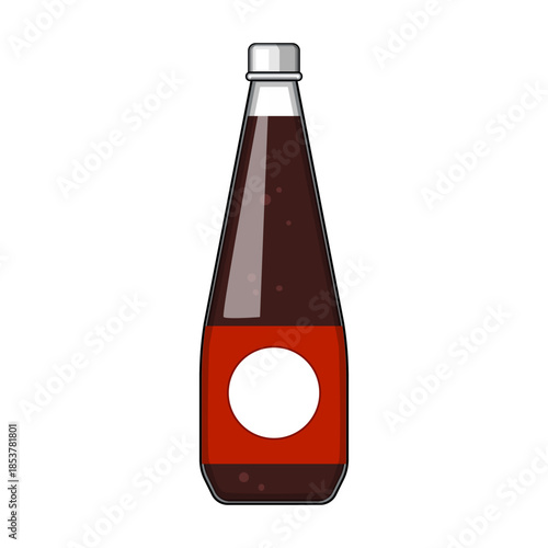 Glass soda bottle containing a dark carbonated beverage with bubbles. Featuring a prominent red label with a blank white circle. Isolated on a white background for packaging design or beverage concept