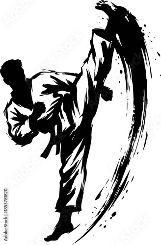 Taekwondo Axe Kick Silhouette. Powerful Ink Calligraphy Vector for Asian Games 2026