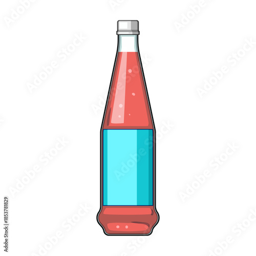 Red bubbly red soft drink in a clear glass bottle with blank blue label and silver cap, isolated on white background refreshing carbonated beverage mockup for packaging design