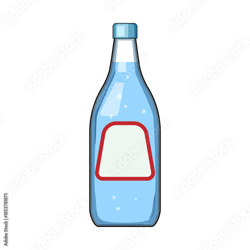 Glass bottle containing a refreshing light blue soda or sparkling water, featuring a blank label with a red border, standing isolated on a white background