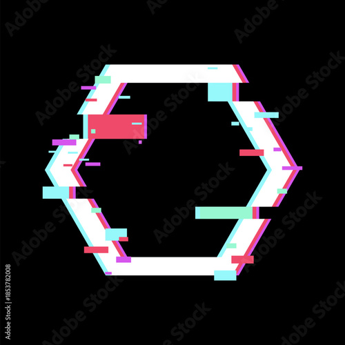 Glitch effect distortion creating a hexagon shape with vibrant colorful pixel fragments on a solid black background, representing digital art and data error concepts