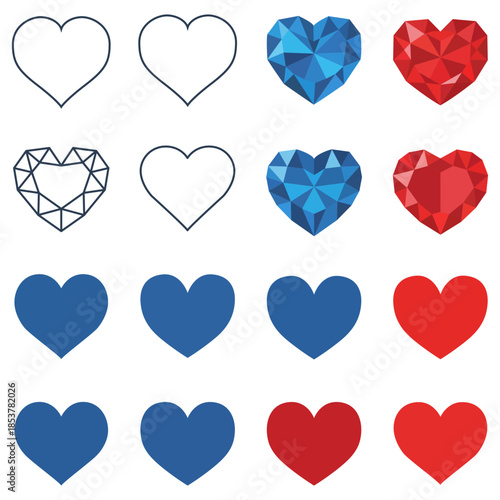 Varied Heart Designs A captivating array of heart-shaped designs, each offering a unique expression of love, including line art, geometric facets, and solid color variations.
