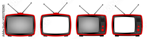 Red retro TV with antenna. Vintage television set. Old device. Transparent mockup of a screen	